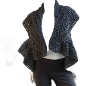 J & X NY Boho Crochet Open Front Shawl Caller High Low Gray Cardigan Sz One Size